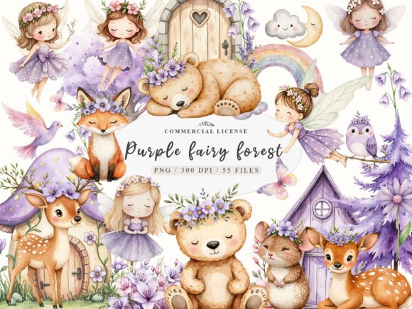 Download Watercolor Magical Garden Purple Fairies - Magic Collection